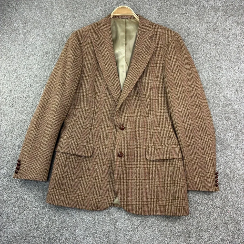 VintGlen Check Plaid Wool Blazer Brown Ivy League Academia Professor Preppy 42L